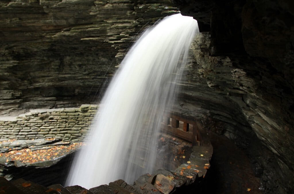 Rainbow rain falls at Watkins Glen State Park